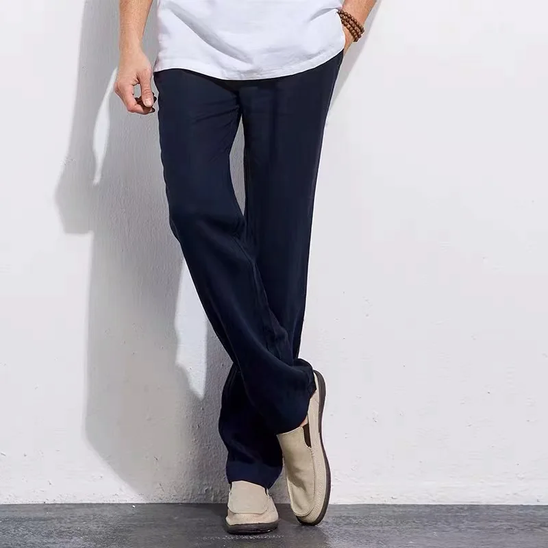 Vintage Men จีบผ้าฝ้ายลินิน Casual กางเกง Drawstring ซิปด้านข้างเอวยางยืด Comfort Breathable กางเกงชายหาดกางเกงตรง