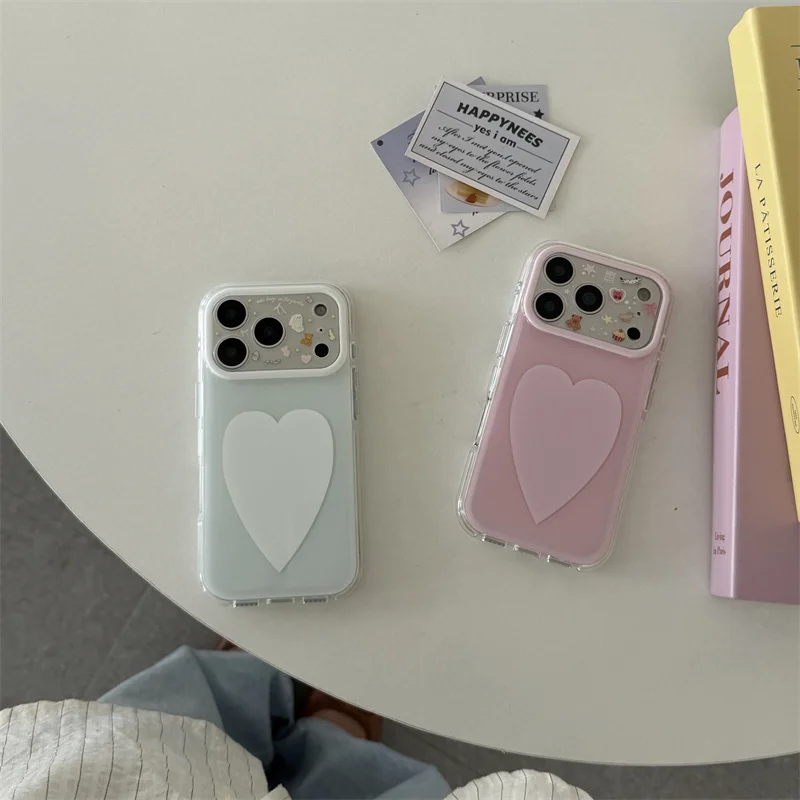 

Double Layer Pink Blue Heart Bear Phone Case For iPhone 17 Pro Max 16 15 14 Pro Max Cute Cartoon Shockproof Protective Cover