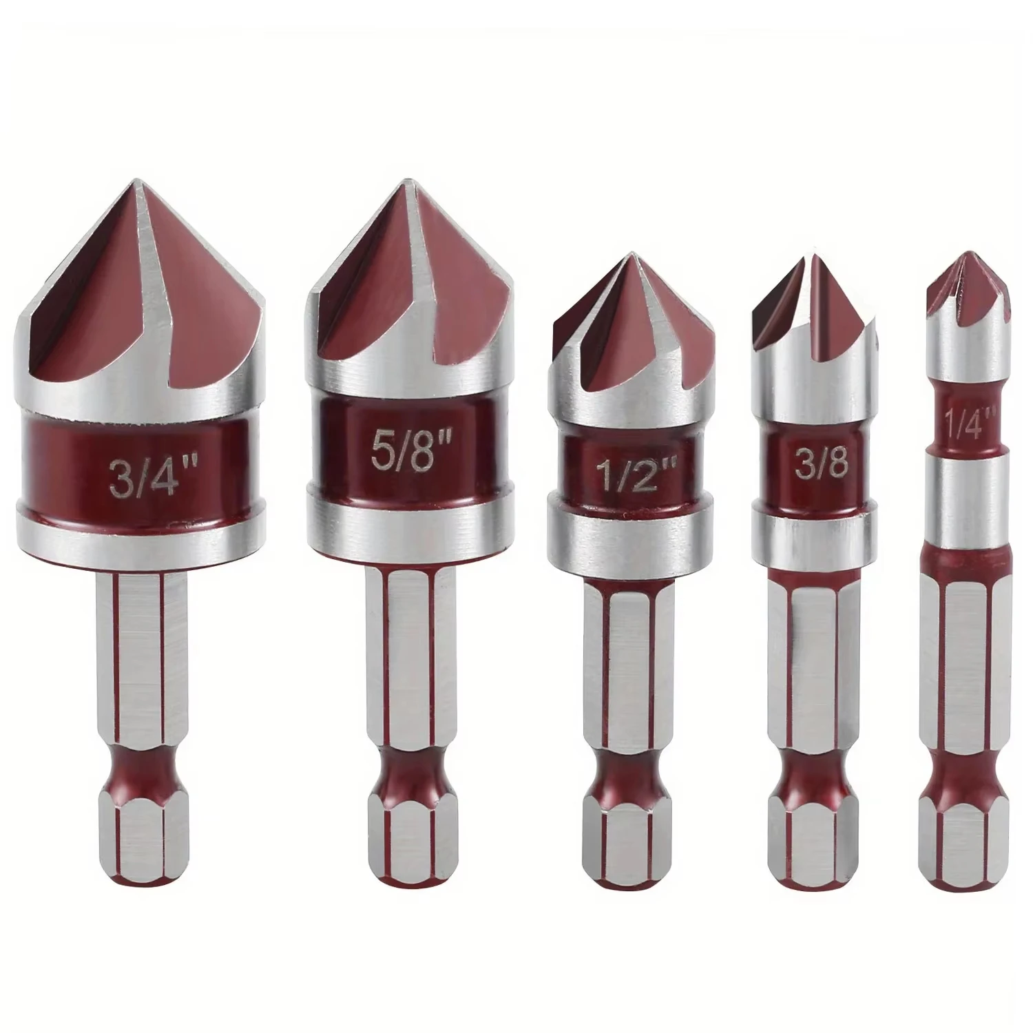 5-teiliges M35 Kobalt-Senkbohrer-Set 82 °   5-teiliges Senkfräser-Set mit Sechskantschaft 1/4" 3/8" 1/2" 5/8 Zoll mit Halter für Metall