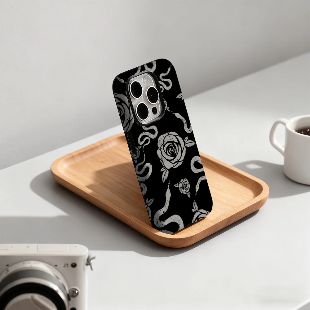 

Luxury Rose Snake Print Phone Case for iPhone 17 16 15 14 13 12 11 Pro Max Air Plus Luxury Double-layer Back Cover