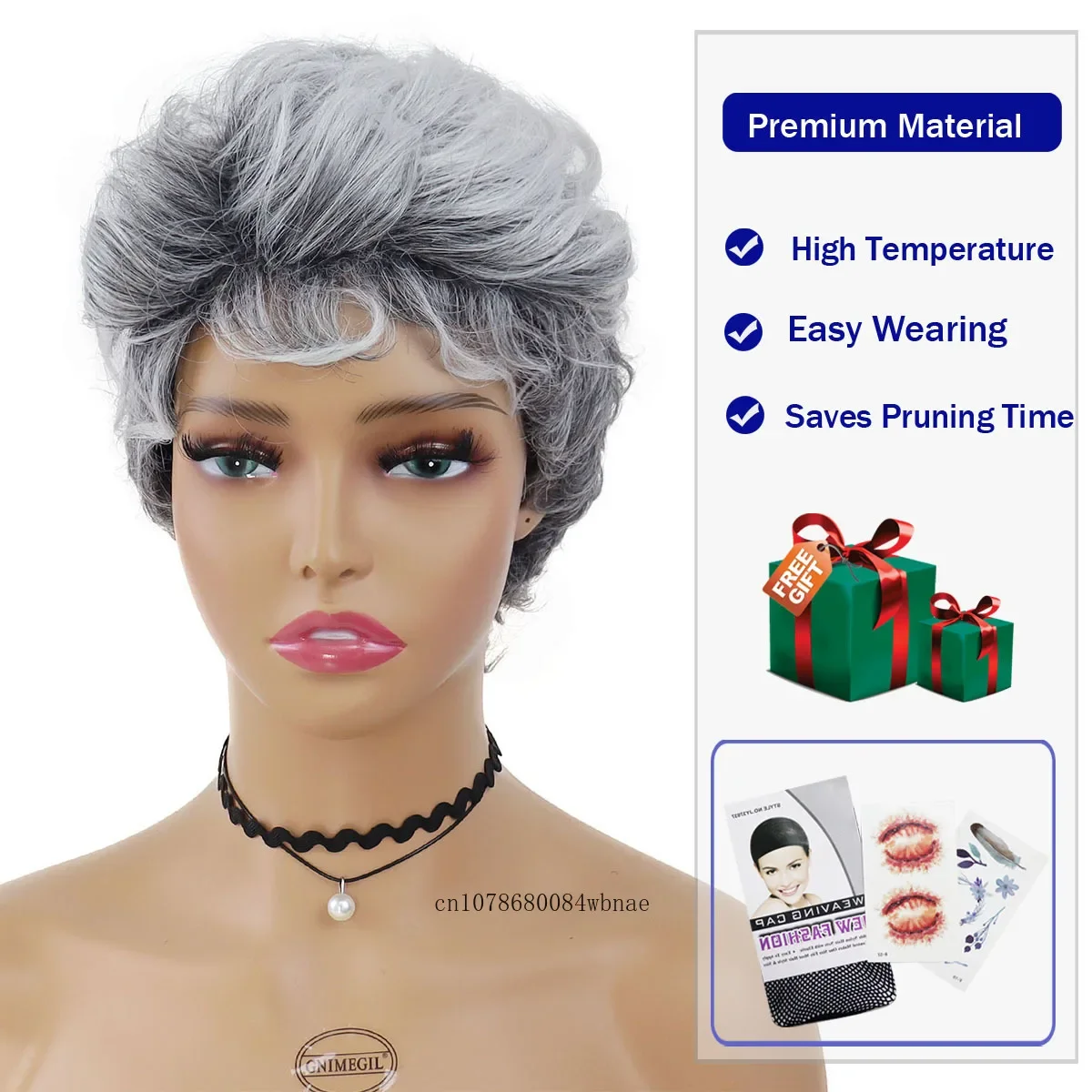 Classic Pixie Cut Hairstyle Synthetic Hair Short Ombre Grey Wig with Bangs Fluffy Curly Wigs for Women Heat Resistant Daily Use