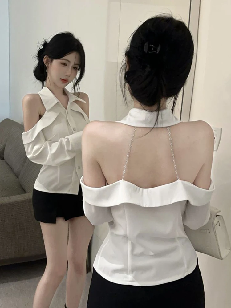 

Korean Backless White Shirt Women Sexy Off Shoulder Slim Blouse Fashion Long Sleeve Female Elegant Design Chic Solid Tops