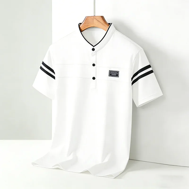 2026 Men's Mandarin Collar Polo Shirt Contrast Striped Short Sleeve Slim Fit Casual Daily Top