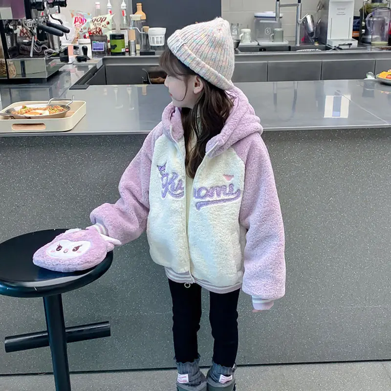 Anime Sanrioed Kuromi Kids Hooded Jacket Girls Furry Coat Thickened Warm Lamb Velvet New Plush Coats Autumn Winter Kids Clothes