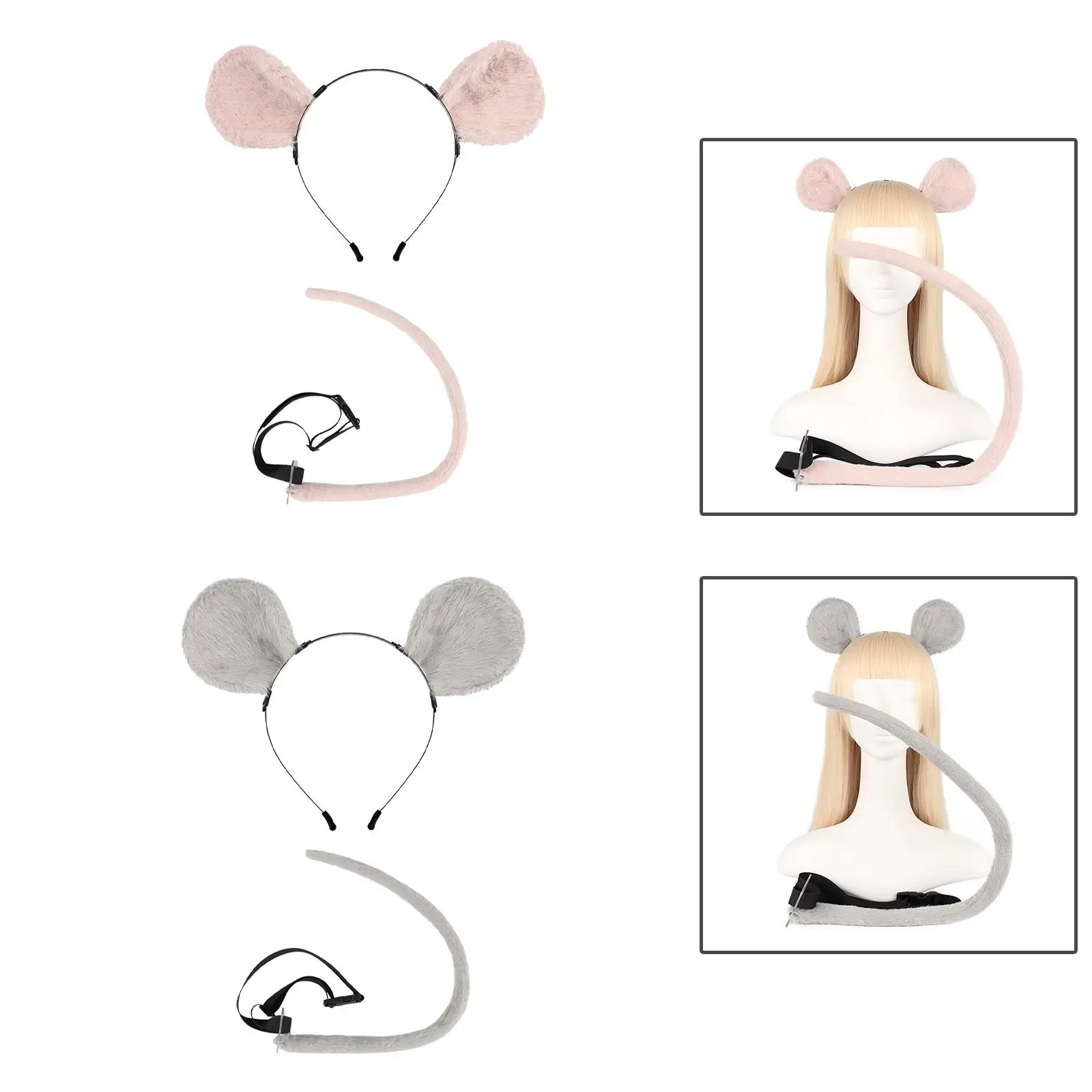 2x Mouse Costume Set Mice Ears and Tail Hair Hoop Dress up Headwear for Masquerade Performance Animal Themed Parties Birthday