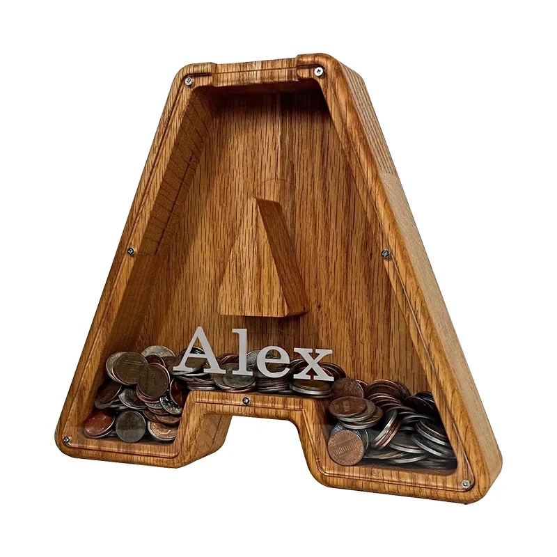 English Alphabet Piggy Bank Wooden Transparent Holiday Gift Wooden Creative Piggy Bank Piggy Bank