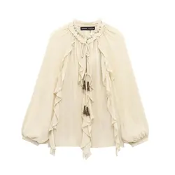ETJ Spring 2025 New Women's Fashion Translucent fabric beaded rivets decorated V-neck lace ruffled romantic shirt