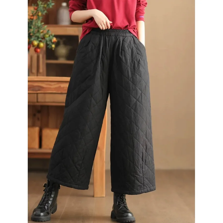 กางเกงผ้าฝ้ายน้ำหนักเบาแฟชั่นสำหรับผู้หญิง ฤดูใบไม้ร่วง ฤดูหนาว เสื้อคลุมตัวนอกทรงหลวม ทรงตรง สไตล์ลำลอง ลายเพชร บุผ้าสำหรับกันหนาว...