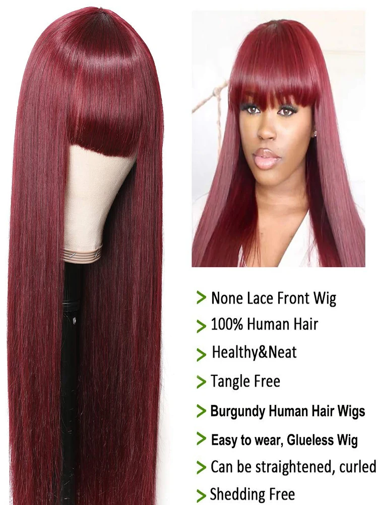 Straight Fringe Wigs 99J Dark Burgundy Human Hair Wig With Bangs Full Machine Made Colored Glueless wig human hair ready to wear