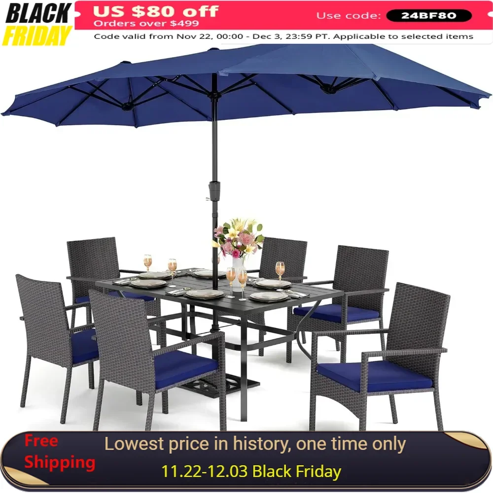 

7 Piece Patio Dining Furniture Set, 60” Rectangular Metal Dining Table & 6 Cushioned Rattan Wicker Chairs ,Garden Furniture Sets