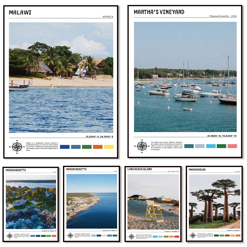 Massachusetts, Martha's Vineyard, Mangalore, Malaysia, Boracay, Malta, Malawi, Laos, Lake Superior, Lahore, Kyoto travel posters