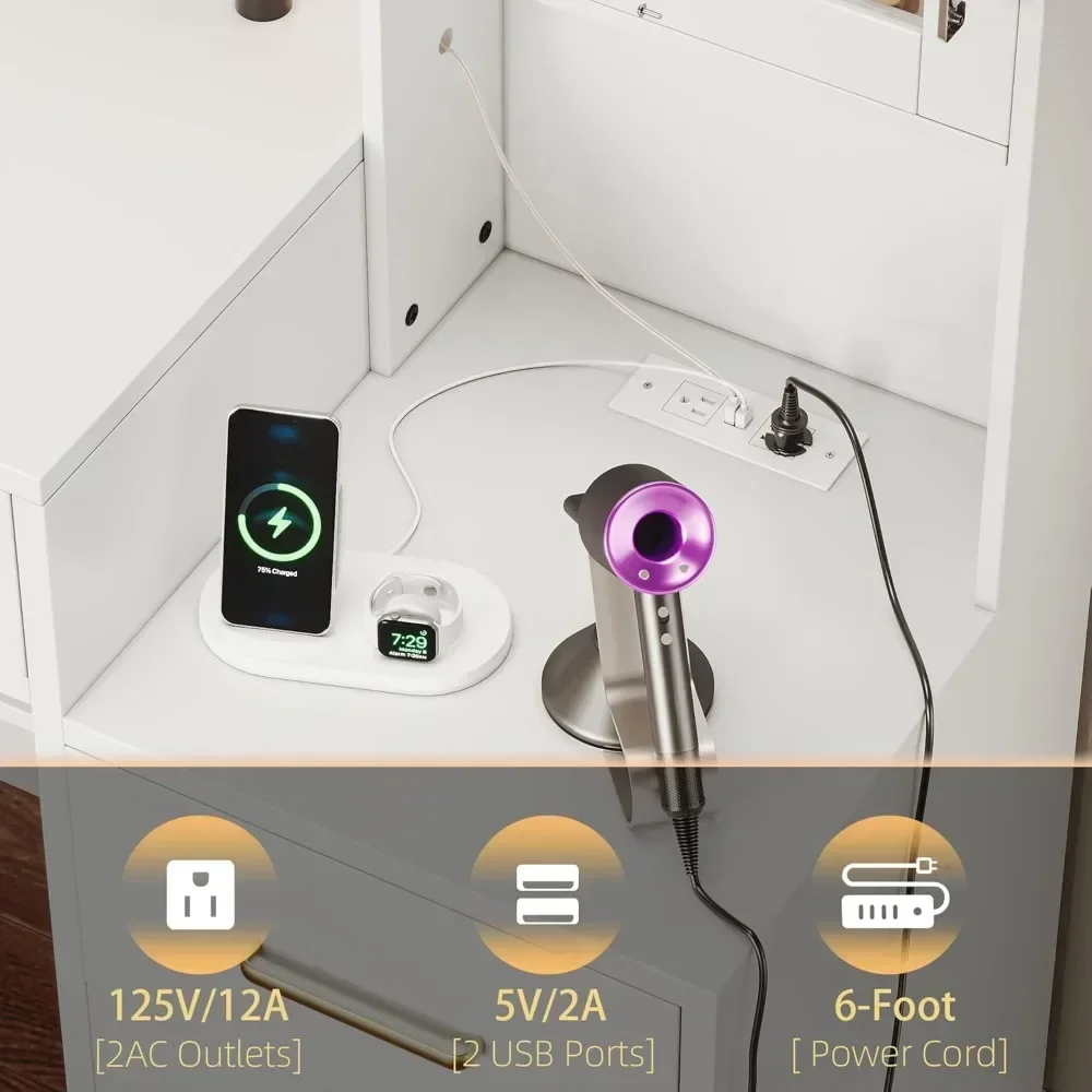 Mesa de vaidade de 58,3" com espelho e luzes, penteadeira de maquiagem com 10 luzes LED, 8 gavetas deslizantes de metal e 2 armários, conjunto de vaidade branco