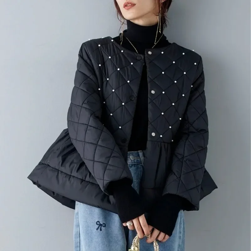 Autumn Winter Beads Pearl Lightweight Warm Quilted Coats Women Korean Fashion Black Long Sleeve Outerwear Casual Parkas Jacket