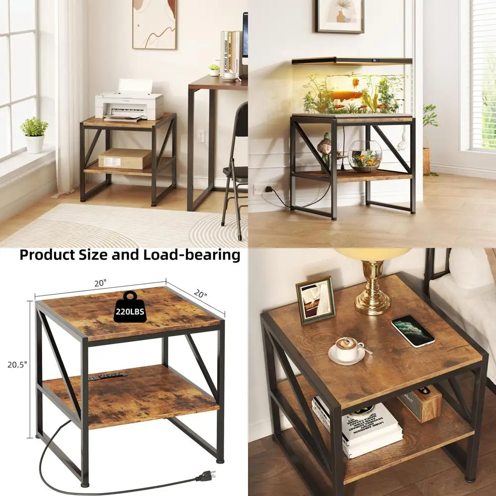 

20 Inch Square Side Table with USB & Outlet, Charging Station, 2-Tier Mini Fridge Stand, Industrial Nightstand for Small Spaces