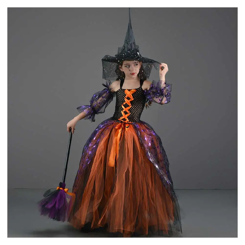 Children Kids Witch Cosplay Stage Performance Dress Hat Girls Child Clothing Costume Outfits Halloween Carnival Party Suit