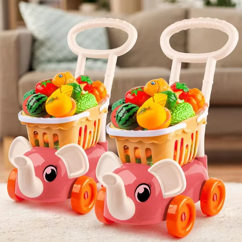 34Pcs/set Children Play House Toys Shopping Cart Trolley Cut Fruit Plastic Vegetable Kitchen Kids/Infant Educational House Gift