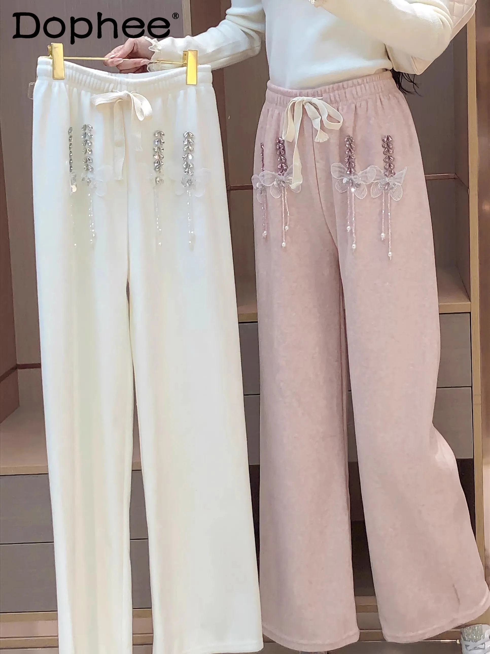 Women Pants French Style Diamond Butterfly Beaded Decoration High Waist Wide Leg Pants Sweet Girl Pink Casual Pants