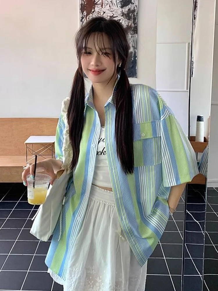 Koreanische Lose Gestreiften Hemd Frauen Casual Vintage Oversize Halbe Hülse Bluse Sommer Adrette Weibliche Retro Süße Tops