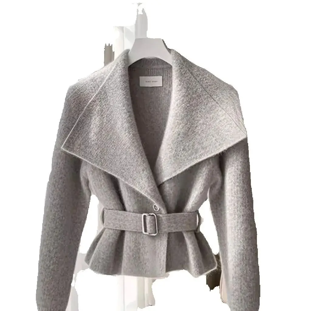 رمادي صغير عبق نمط الخصر تعادل سترة متماسكة للنساء الخريف والشتاء موضة مزاجه سترة سترة