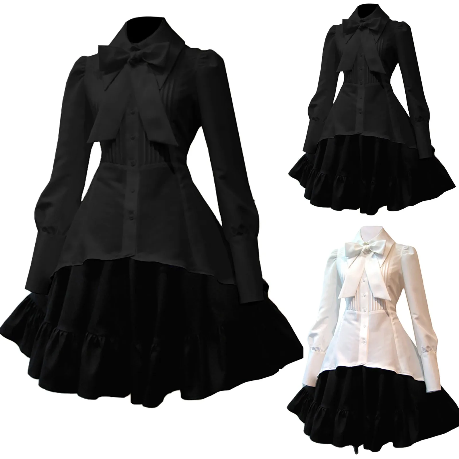 Women Solid Color Costumes Long Sleeve Bow Tie Halloween Cosplay Costume Ball Gown Dress