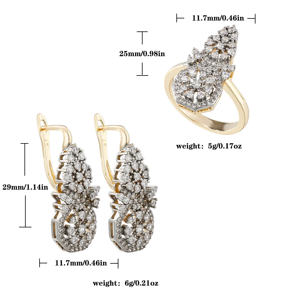 Water Drop Fan-Shaped Zircon Earrings & Ring Set, Copper Plated