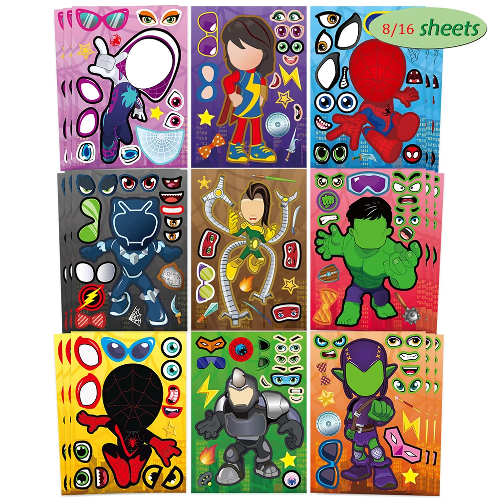 9/18Sheets Disney Spiderman and His Amazing Friends Puzzle Stickers Kids Anime Make-a-Face Assemble Jigsaw DIY Cartoon Sticker