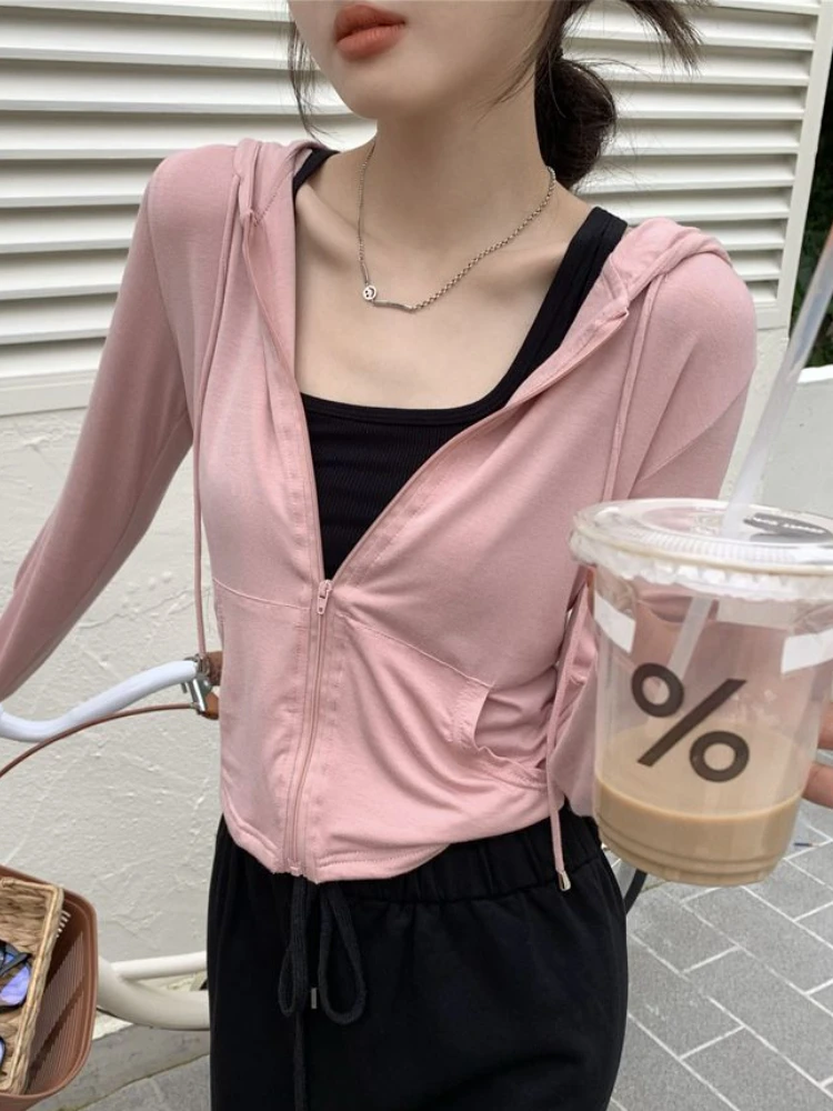 Hooded Jackets Women Thin Sunscreen Solid Fashion Summer Long Sleeve Cropped Coats All-match College Breathable Sporty Popular