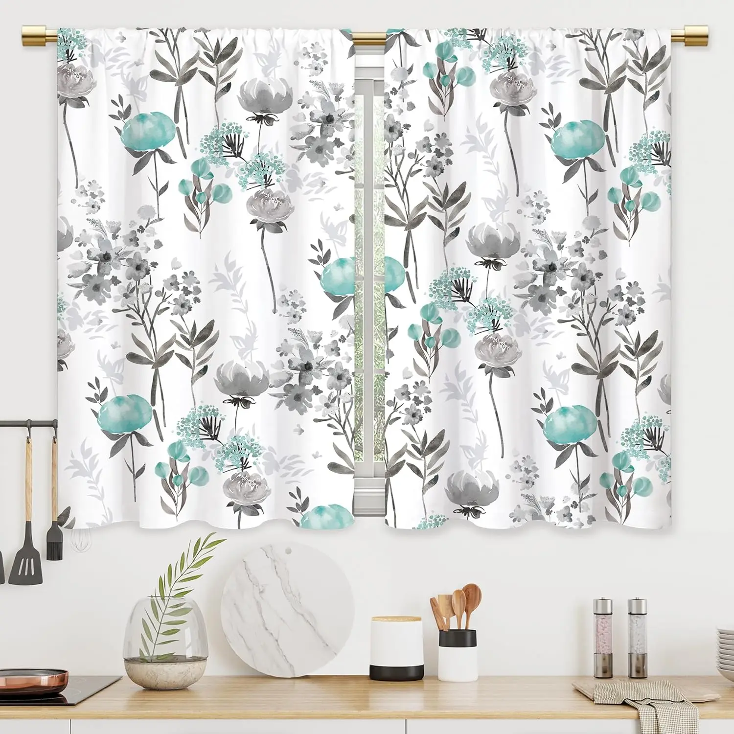 Cortinas de cocina con flores grises azulado, cortinas florales para baño, tratamiento de ventanas, nivel de planta botánica, rosa, hierba, flor silvestre