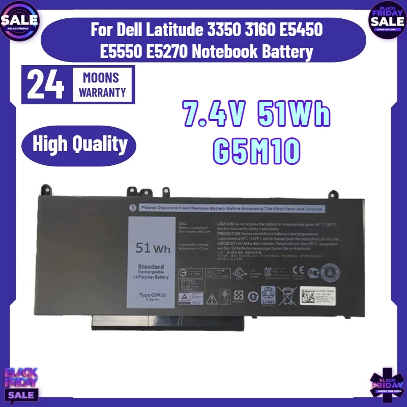 7.4V 51Wh Battery Compatible G5M10 for Dell Latitude 3350 3160 E5450 E5550 E5270 Notebook Battery