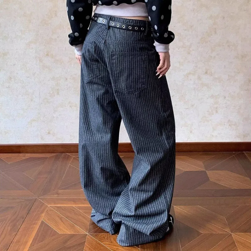 Retro Splicing Striped Jeans For Women American Casual Fashion Dark Gray Denim Pants Spring Autumn Commuting Wide Leg Trousers