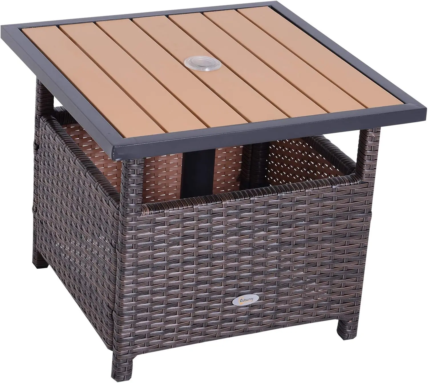 

22'' Rattan Wicker Side Table with Steel Frame, Umbrella Insert Hole, Sand Bag for Outdoor, Patio, Garden, Backyard, Brown