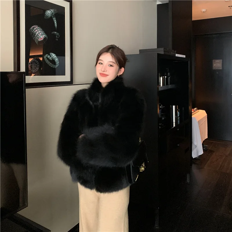 2025 New Imitate Fox Hair Environmental Protection Fur Autumn/Winter Stand Collar Short Fur Coat Women's Thick Warm Jacket Brown 3