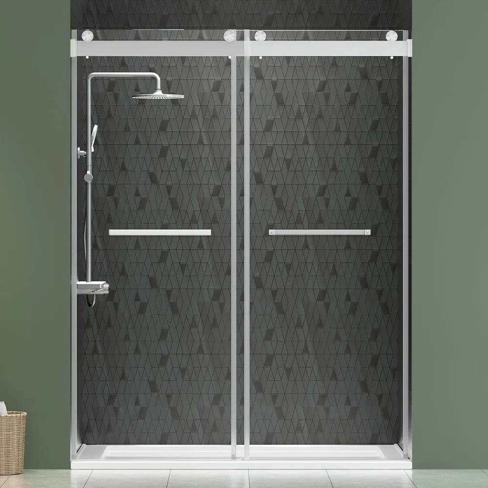 Shower Door, 56“ -60 ‘x 75’, Double Sliding, 5/16” (8mm) Clear Tempered Glass, Noiseless, with Square Track, Sliding Shower Door