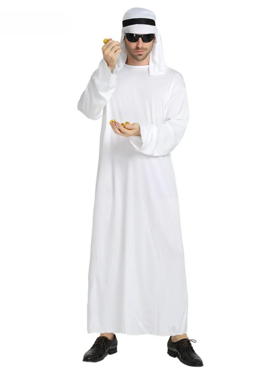 

Чистый белый костюм принца Дубая на Ближнем Востоке для мужчин, Хэллоуин, карнавал, арабский вождь, маскарад, одежда для пар, полиэстер