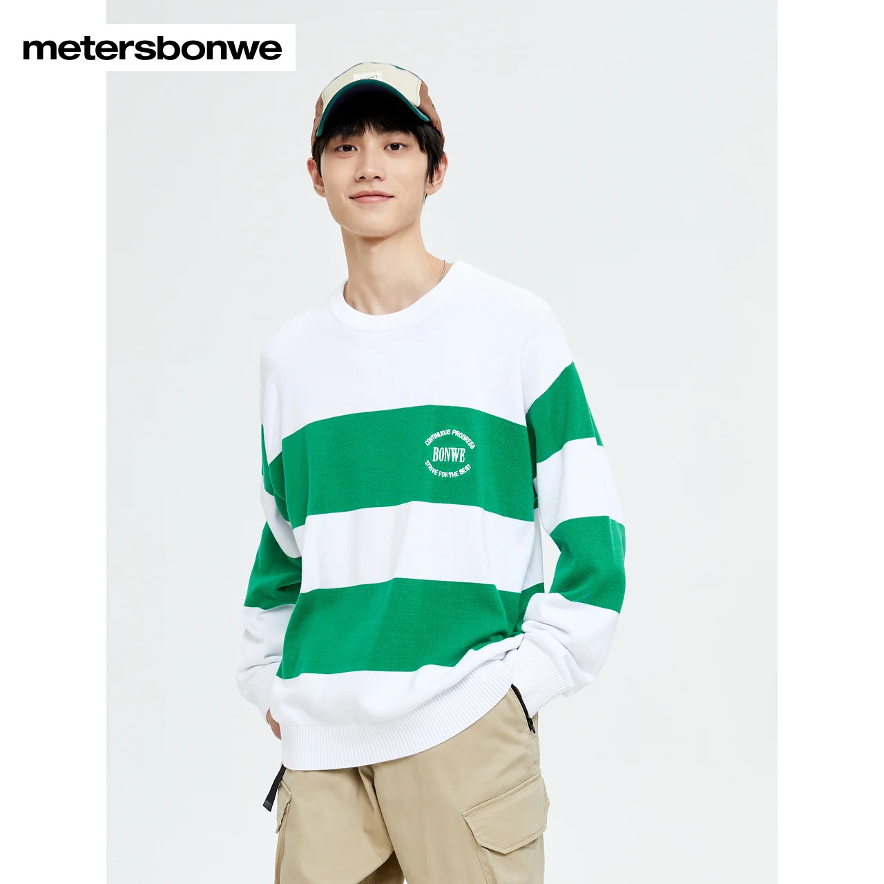 Metersbonwe-Men's Long Sleeves Sweater 100%Cotton Color Clash Stripe Loose Pullover Casual Youth Teenager Spring Autumn