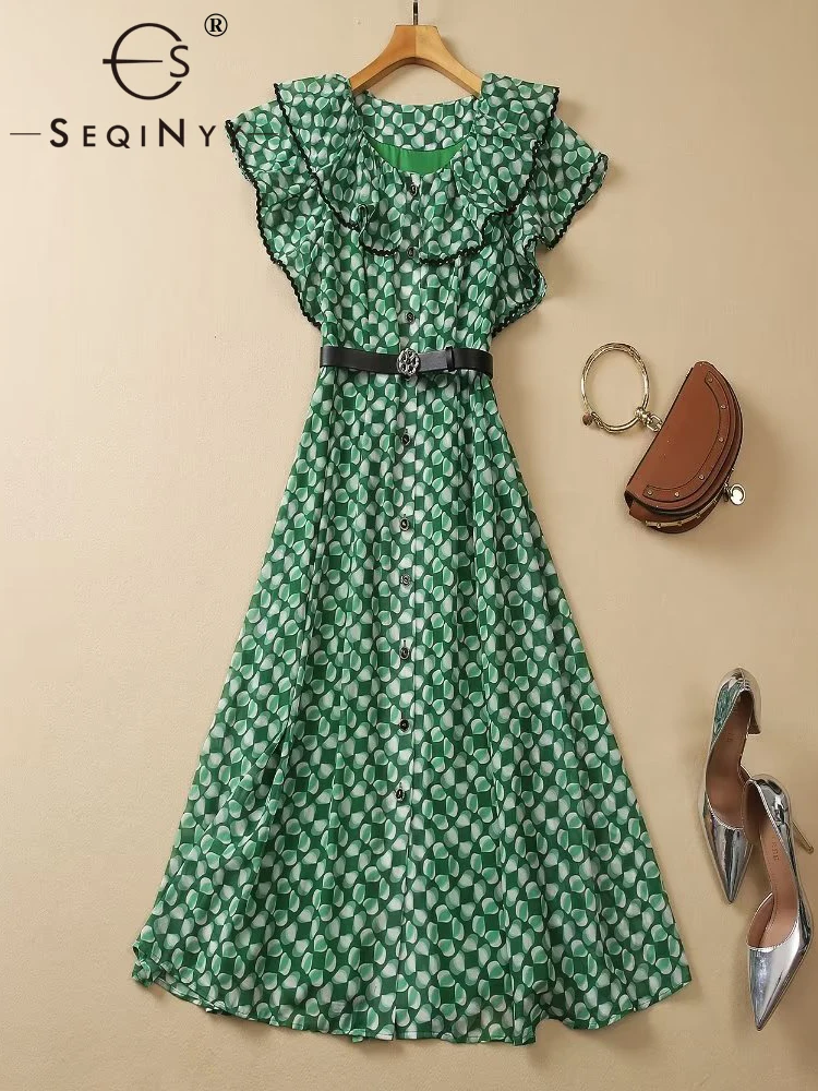 

SEQINYY Casual Dress Midi Summer Spring New Fashion Design Women Runway Vintage Flowers Print A-Line Ruffles Belt Elegant