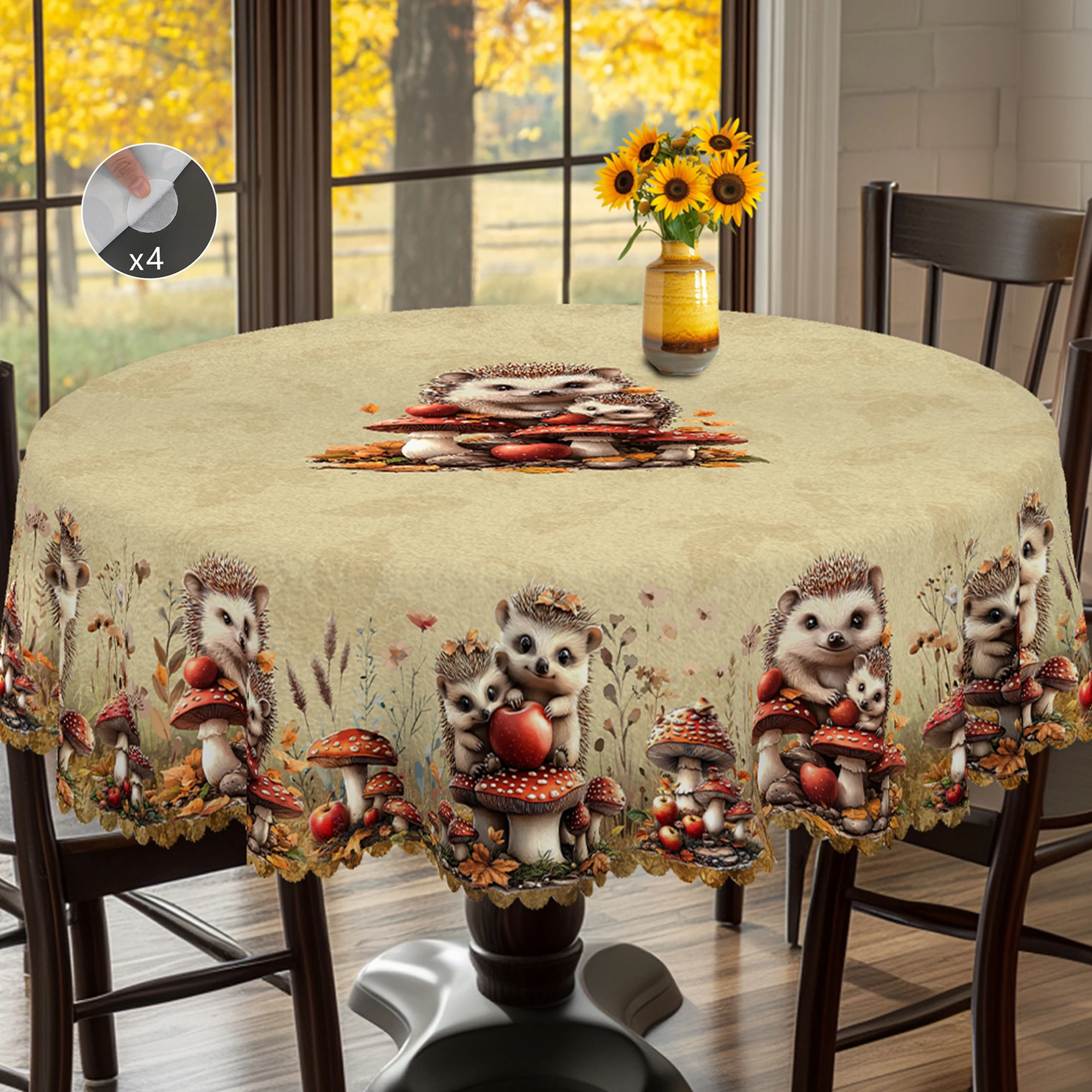 1 Animal Print Tablecloth, Retro Country Farmhouse Style, Hedgehog, Mushroom Pattern Design, for Holiday Parties, Camping Style, Picnic, Garden Party Decoration, Kitchen Accessories, Restaurant Terrace, Indoor and Outdoor Use, Perfect Gift for Friends, Multiple Sizes Available