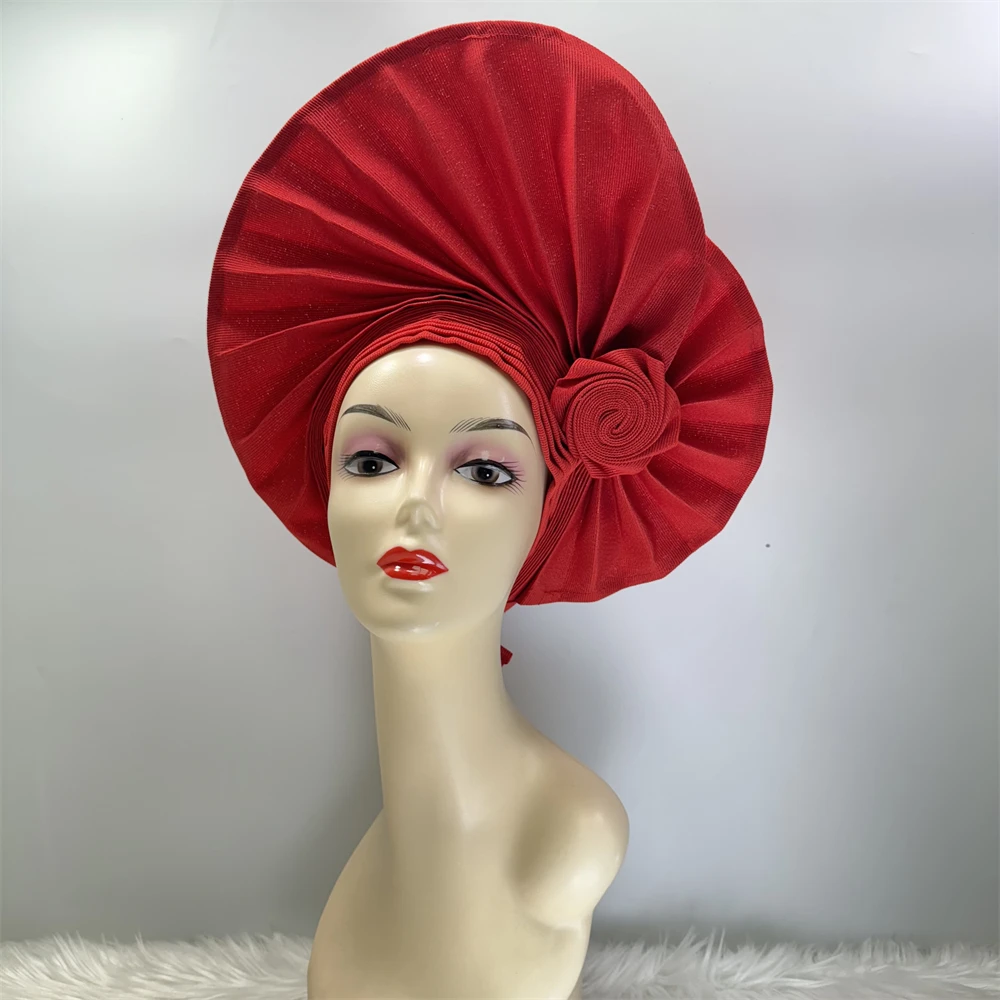 

Pure Color Nigerian Applique Gele Headtie Aso Oke Gele Already Made Auto Gele Aso Ebi Headtie African Turban Cap For Party 1Set