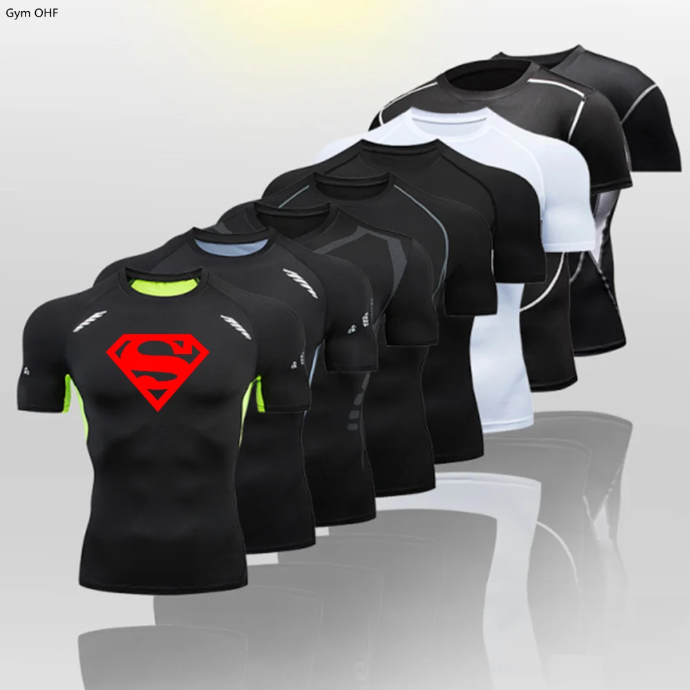 Men's Sports Quick Dry T Shirt Compression Gym Shirts Workout Fitness Undershirts Tops Shorts Tight Elastic Sportswear