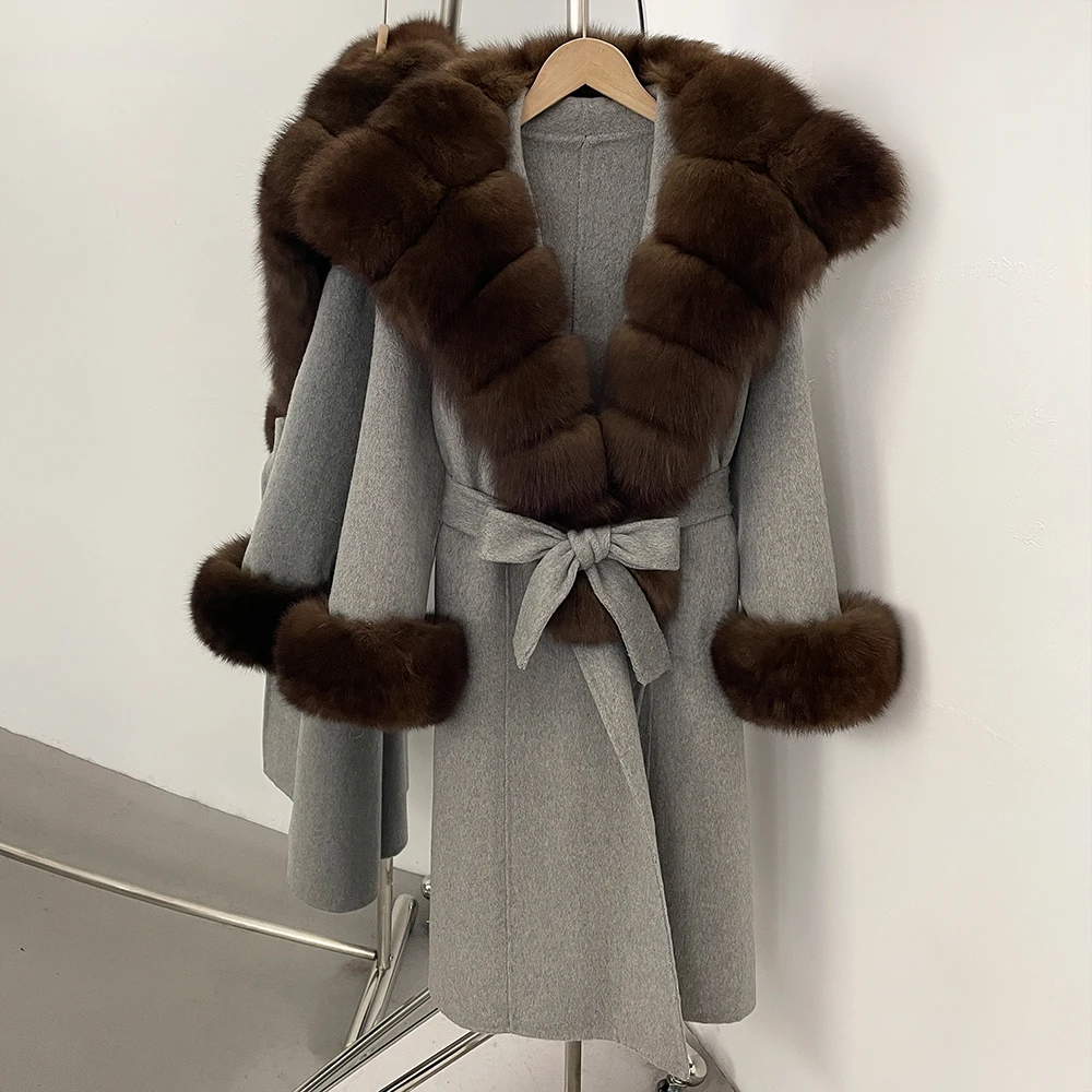 

Reality Fur Coat Women New Autumn Winter Warm Woolen Clothes Real Fox Fur 100% Wool Coat Female Long Sleeves Long Woolen Jacket