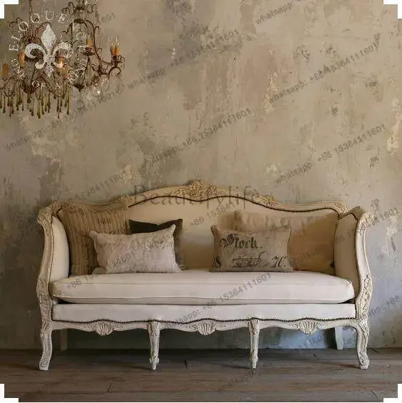 XX French White Retro Solid Wood Carving Flower Single Person Three Person Linen Cloth Sofa Small Apartment Custom Antique
