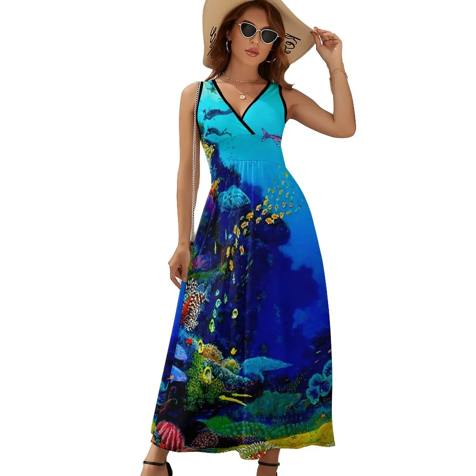 Tropical Marine Dress Summer Deep Blue Sea Streetwear Boho Beach Long Dresses Female High Waist Graphic Party Maxi Dress