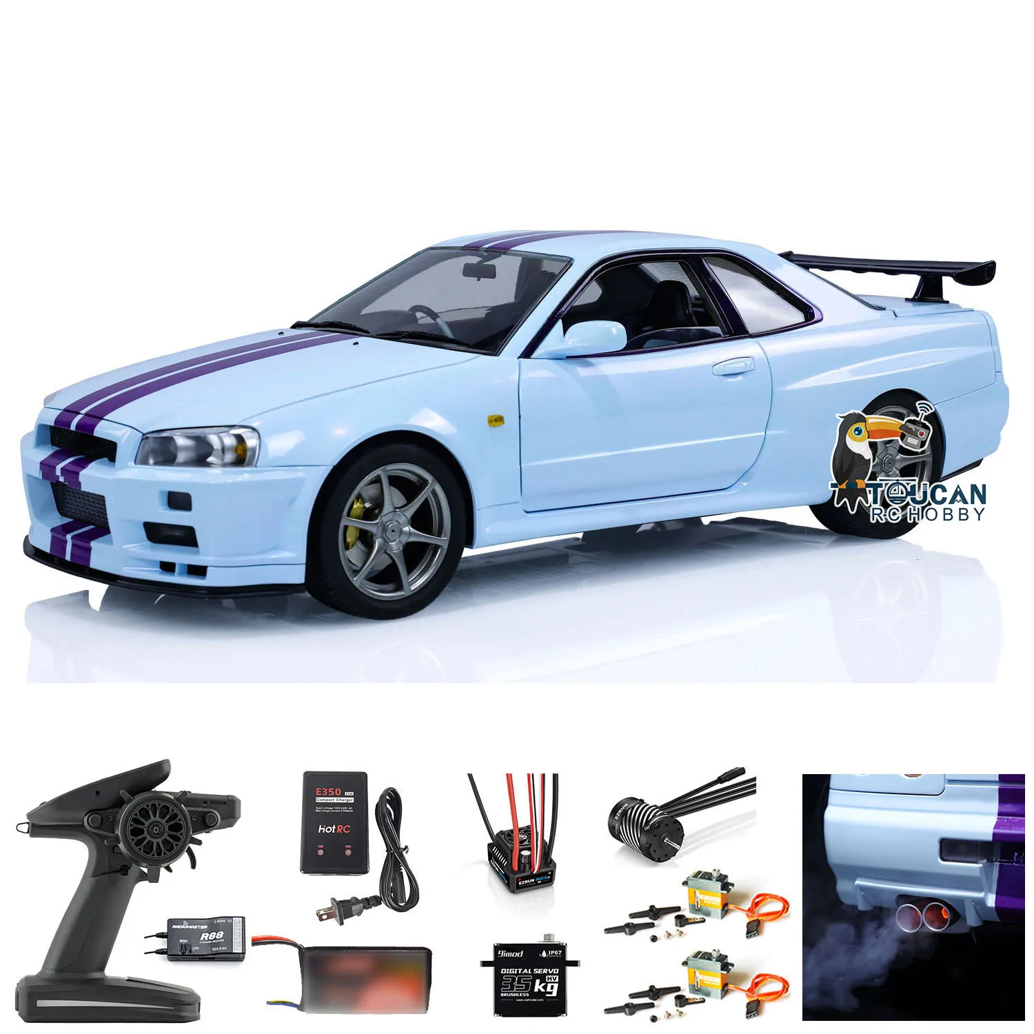 카포 R34 4WD 1/8 RC 레이싱 카, 4x4 고속 금속 RTR 드리프트 자동차, 가벼운 사운드 흡연, DIY 완제품 모델 THZH1743