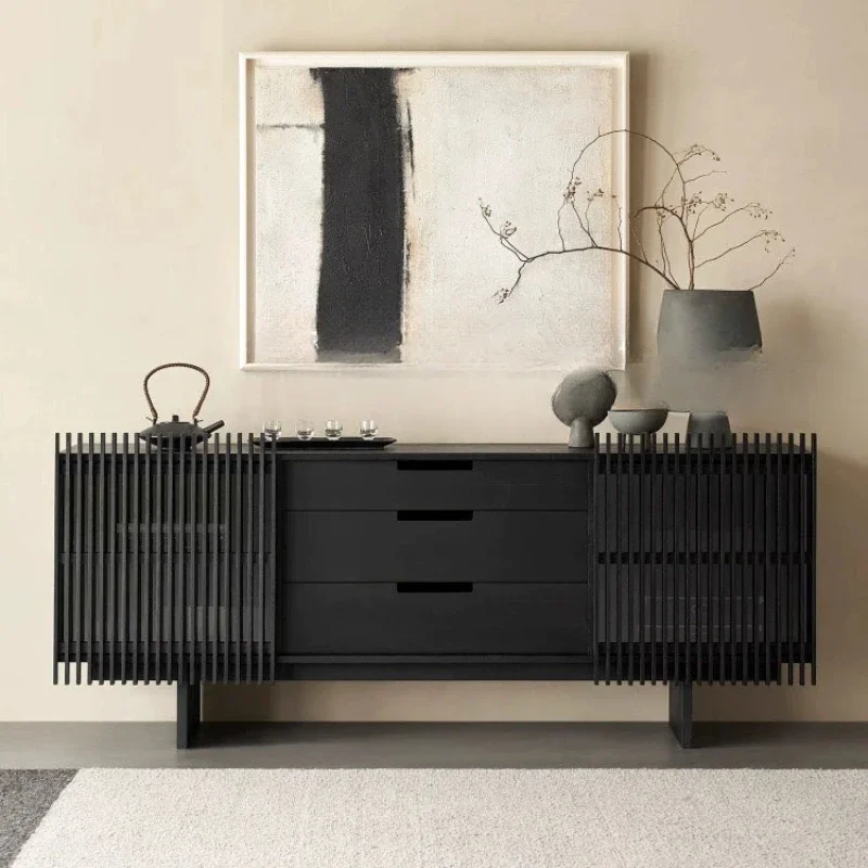 

Retro grid dining side cabinet medium antique solid wood black bedroom storage chest log style