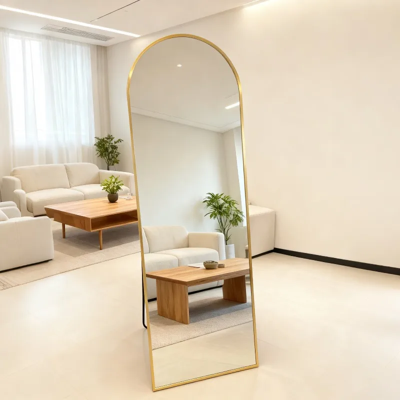 Modern arched full-length floor mirror with metal frame, bedroom standing high makeup mirror, living room entrance