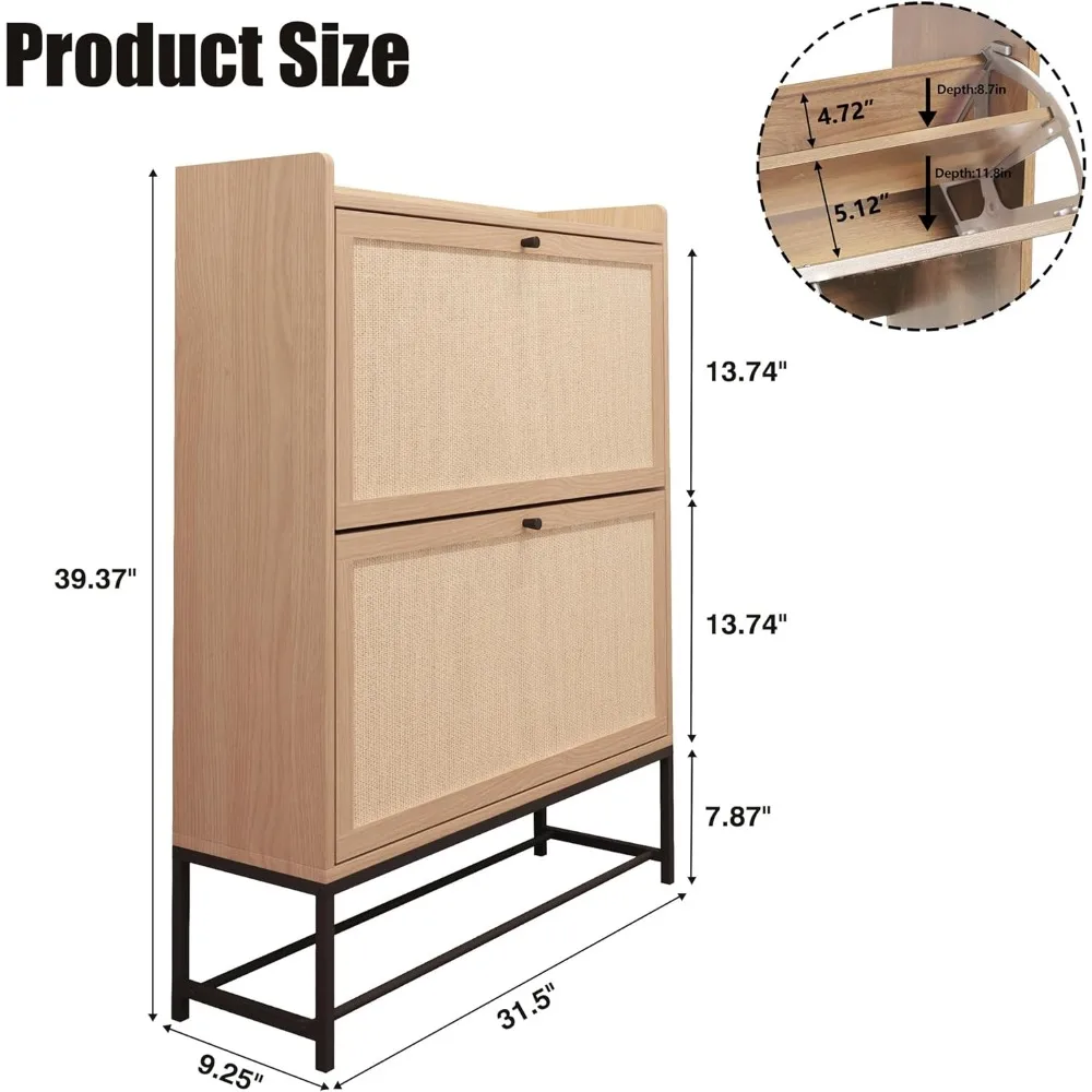 Freestanding Shoe Cabinet with 2 Flip Drawers - Modern Narrow Organizer for Hallway, Bedroom, and Entryway (Natural)