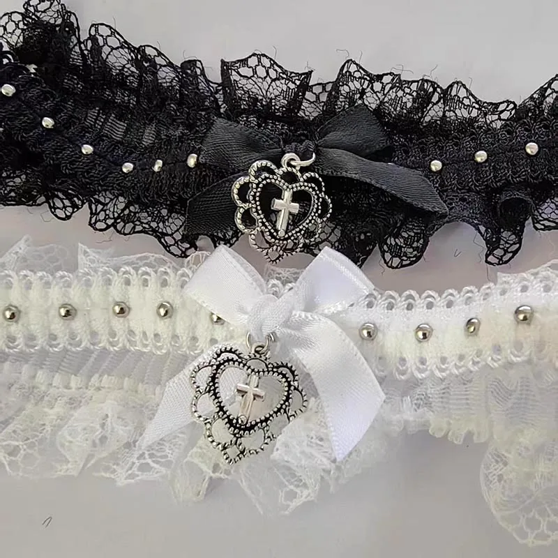 Goth Black Lace Choker with Bow & Cross Heart Pendant Vintage Y2K Elastic Necklace for Girls Punk Lolita Cosplay Collar Jewelry