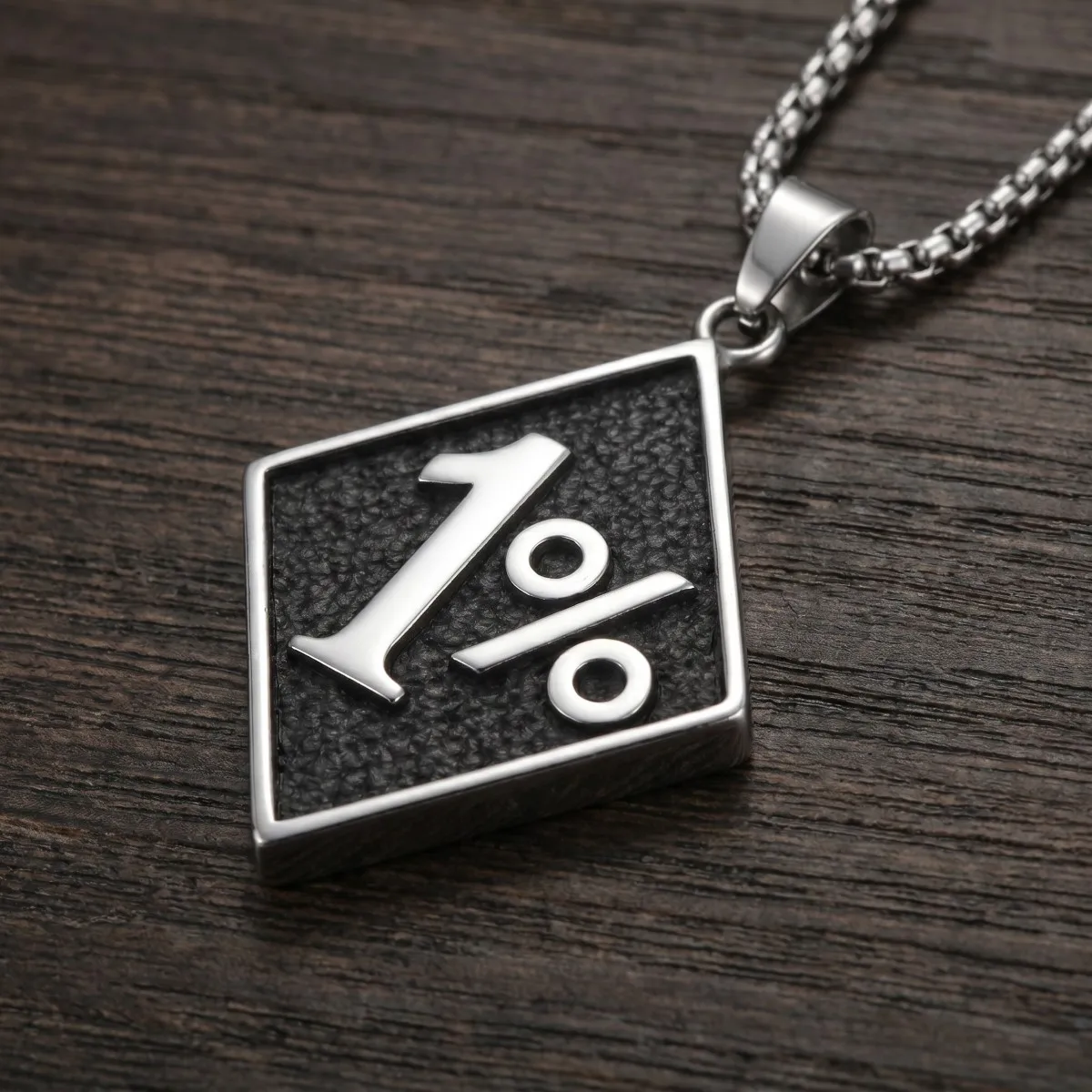 Stainless Steel Silvery Black Textured One Percent Sign Pendant Box Chain Necklace Men Streetwear Jewelry
