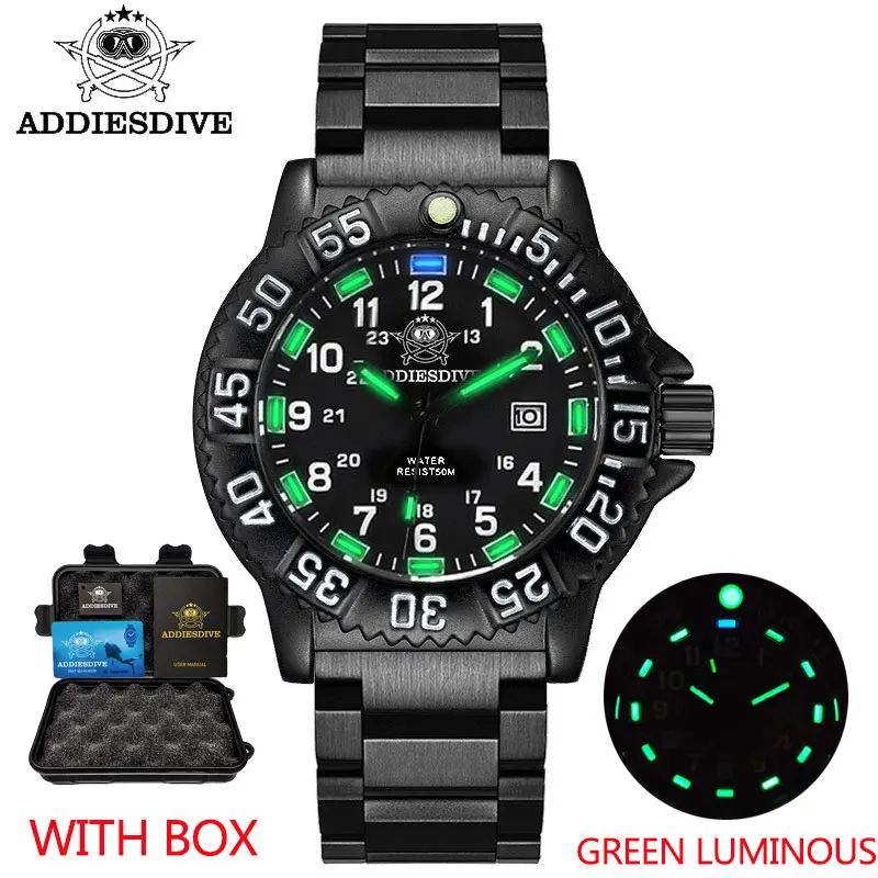 Addies Men\'s Watch Silicone Strap 50m Waterproof Military Sports Quartz Watch 45mm Rotating Bezel Alloy Case Tube Luminous Watch