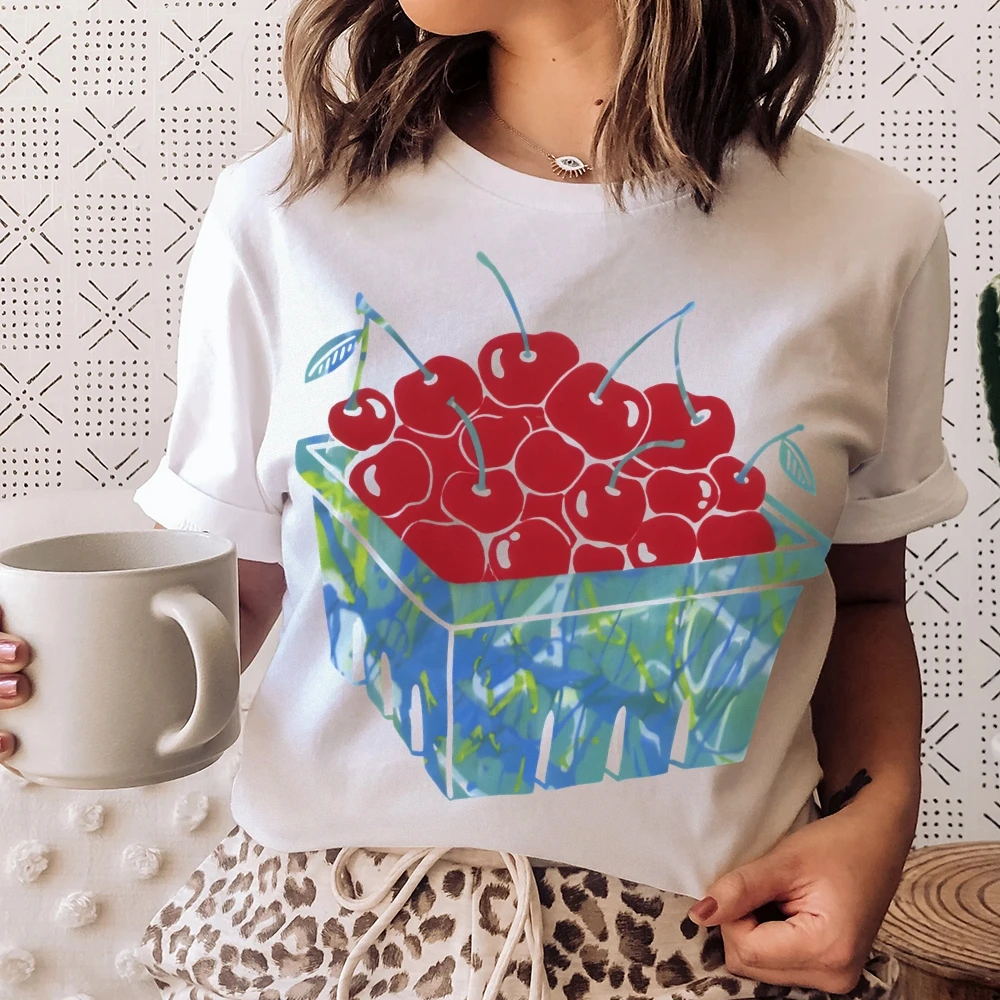 Camiseta gráfica cereja cesta camiseta premium algodão de alta qualidade oversize colorido camiseta vermelho cerejas impressão fresco estilo y2k
